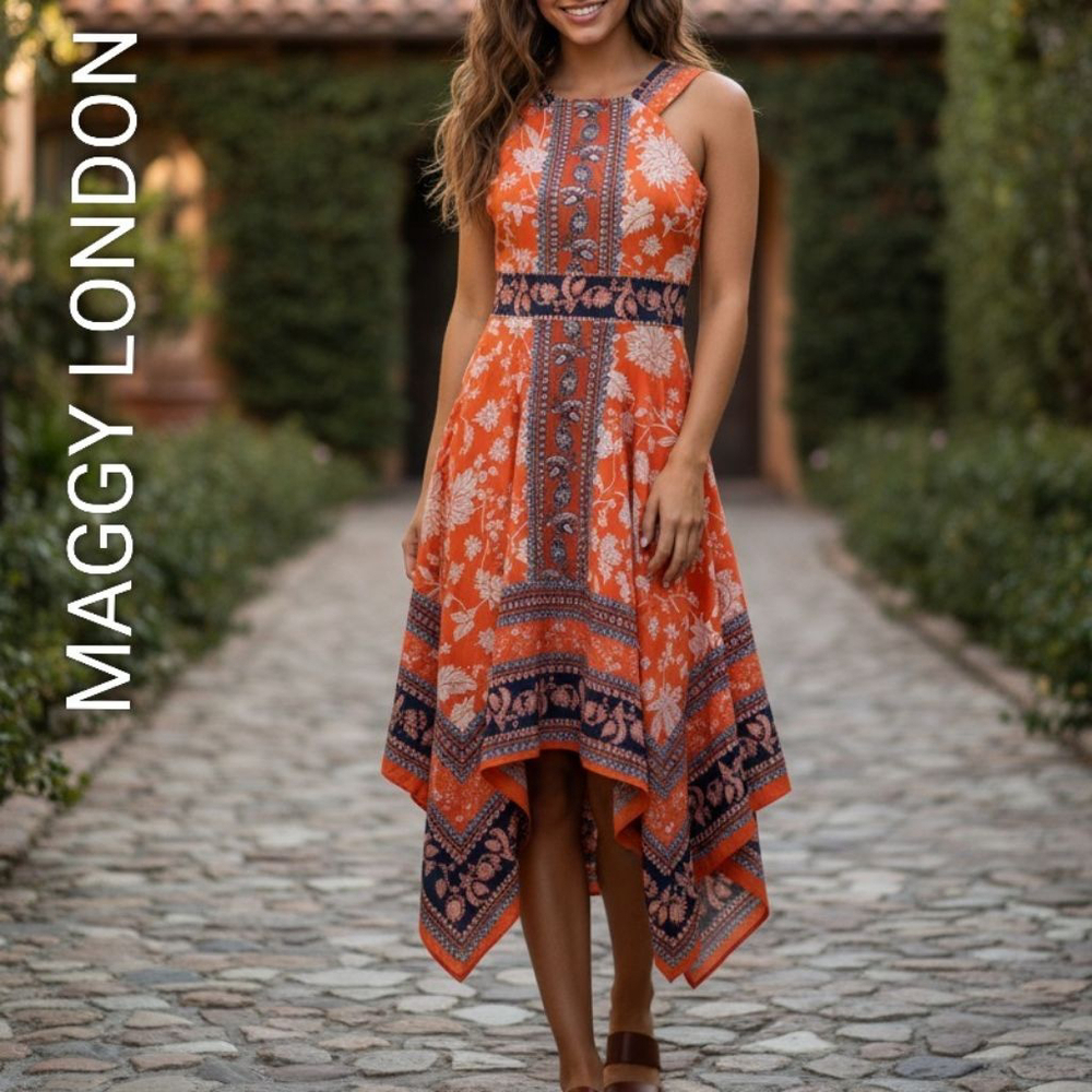 Women's MAGGY LONDON Orange Navy Floral Asymmetrical handkerchief Dress Size 8